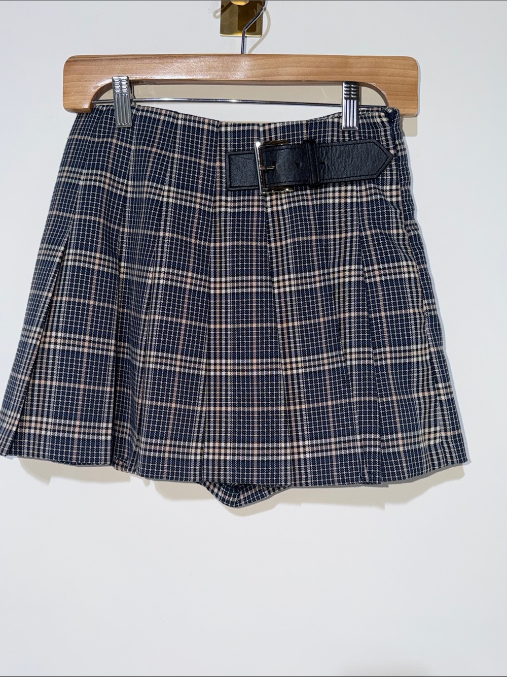 English Factory pleated Plaid Belted Mini Skirt - Navy & Cream size xsmall